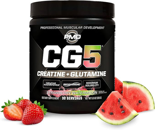 PMD Sports CG5 Premium Creatine & L Glutamine Powder, Power Recovery, Build Lean Muscle, Increase Workout Performance, Maximum Strength Pre Workout & Post Workout, Strawberry Watermelon, 30 Servings