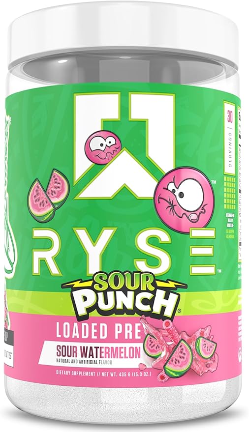 RYSE Loaded Pre Workout Powder - Sour Punch Watermelon - Daily Pre-Workout for Men & Women with 300mg Caffeine, Beta Alanine, and Citrulline for Pump, Focus, and Energy - 30 Servings