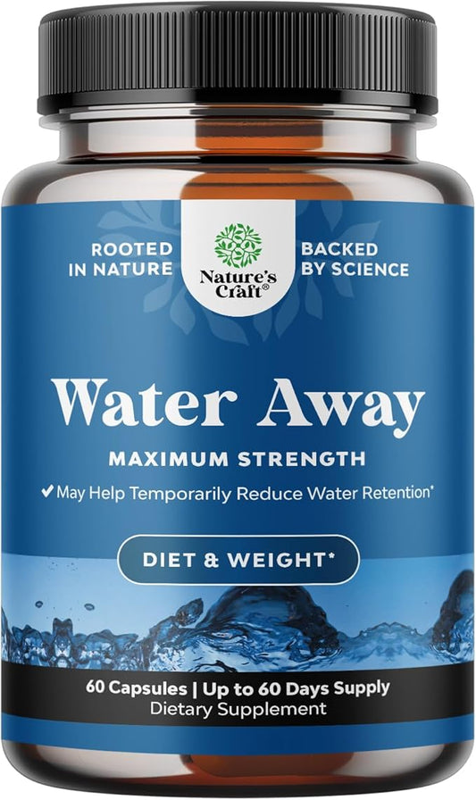 Water Away Herbal Diuretic Pills High Strength - Fluid Retention Supplement with Dandelion Leaf Extract & Green Tea for Bloating Relief for Women & Men - Capsules for Leg & Feet Swelling - 60 Count