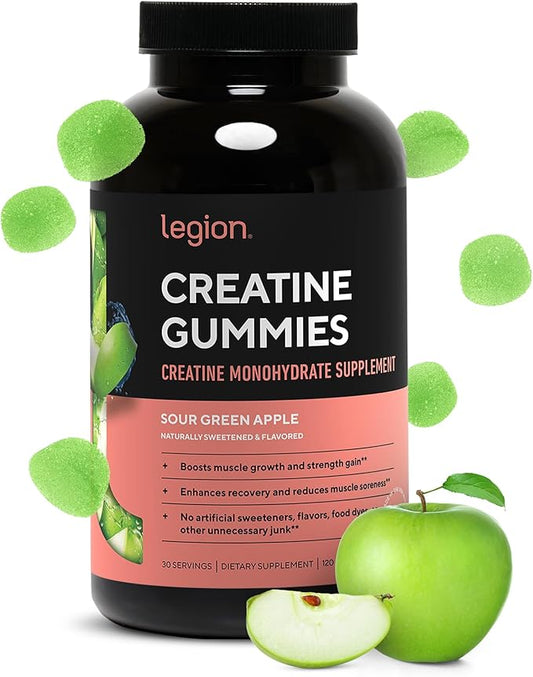 LEGION Creatine Monohydrate Gummies - Clean Creatine Chewables for Muscle Gain, Improving Endurance & Post Workout Recovery - Creatine Supplement for Maximum Absorption (120 Sour Green Apple Gummies)