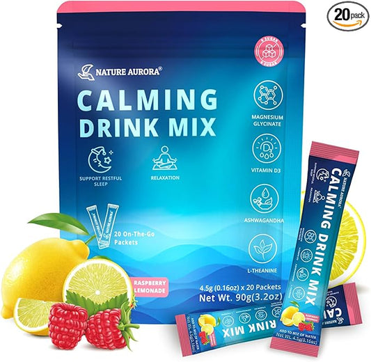 Powdered Drink Mix Calm - Adaptogenic Drink Mix with Magnesium Glycinate, Ashwagandha, Vitamin D, L-Theanine - Sleep Aid, Calm, Relax & Focus - Vegan, No Sugar- Raspberry Lemonade - 20 Sticks