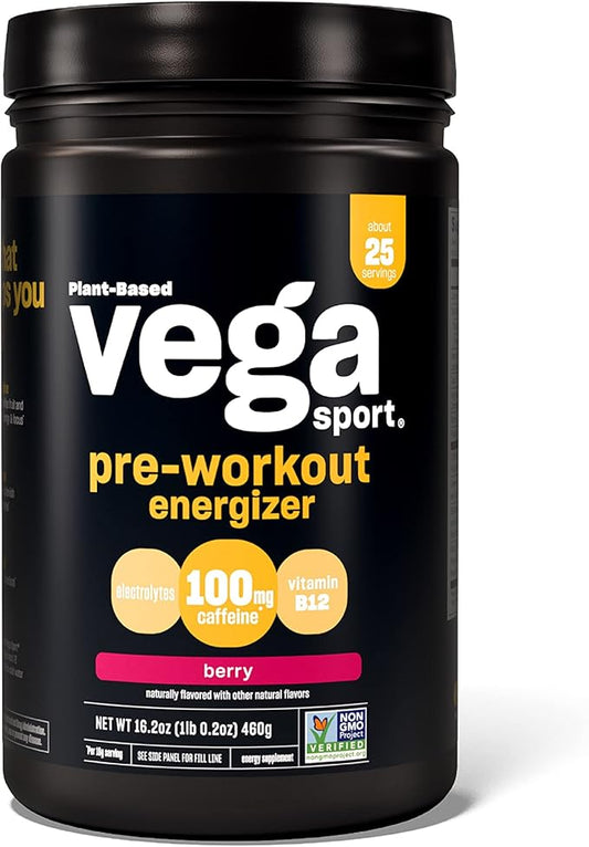 Vega Sport Pre-Workout Energizer, Berry - Pre Workout Powder for Women & Men, Supports Energy and Focus, Electrolytes, Vegan, Keto, Gluten Free, Non GMO, 1.1 lbs
