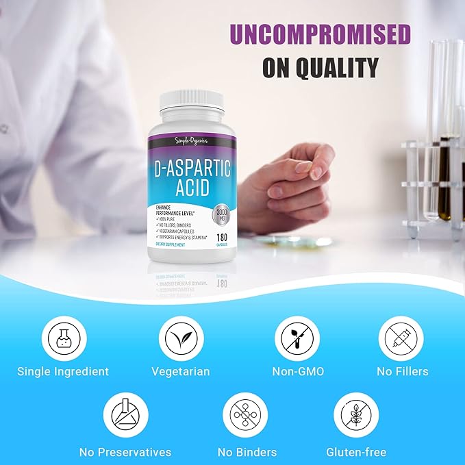 D-Aspartic Acid Supplement, No Gluten, Binders or Fillers, Dietary Pills for Energy Support, 3000mg D-Aspartic Acid per Serving, 180 Non-GMO Vegan Capsules