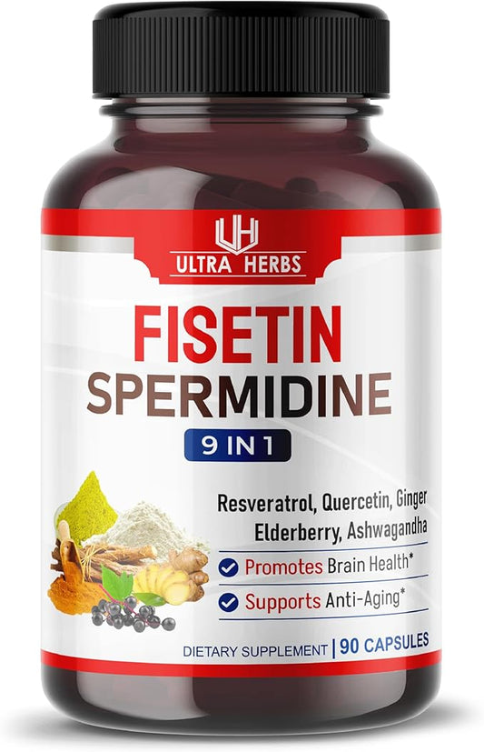 Ultra Fisetin Supplements Complex Resveratrol Quercetin - Support Brain Wellness, Immune System with Elderberry, Echinacea, Ashwagandha, Turmeric, Ginger (90 Count (Pack of 1))