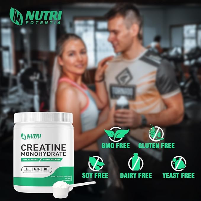 Creatine Monohydrate Powder 500g, Pure Micronized Creatine Supplements for Men and Women Building Muscle, Pre & Post Workout Creatine Powder, Vegan, Unflavored - 100 Servings (1.1Lb)