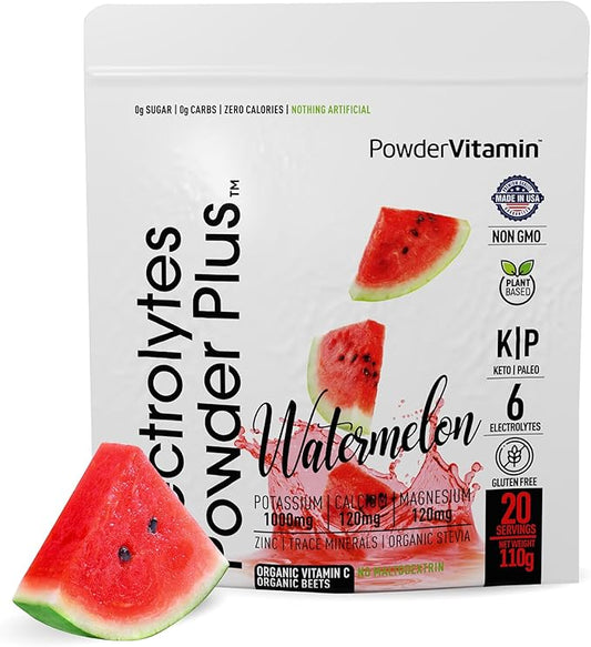 Electrolytes Powder Plus (20 Servings) Watermelon Electrolyte Powder Zero Calorie Keto,0 Sugar, No Maltodextrin,1000mg Potassium,120mg Calcium,120mg Magnesium, Pink Himalayan Salt