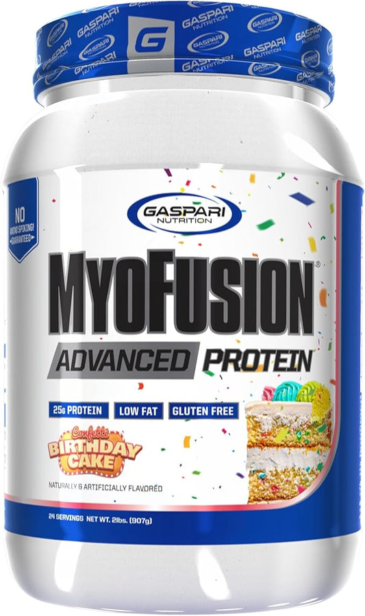 Gaspari Nutrition Myofusion Advanced Protein, Protein Blend with Whey Protein, Casein Protein and Isolate Protein, Low Fat and Gluten Free (Confetti Birthday Cake, 2 Pound)