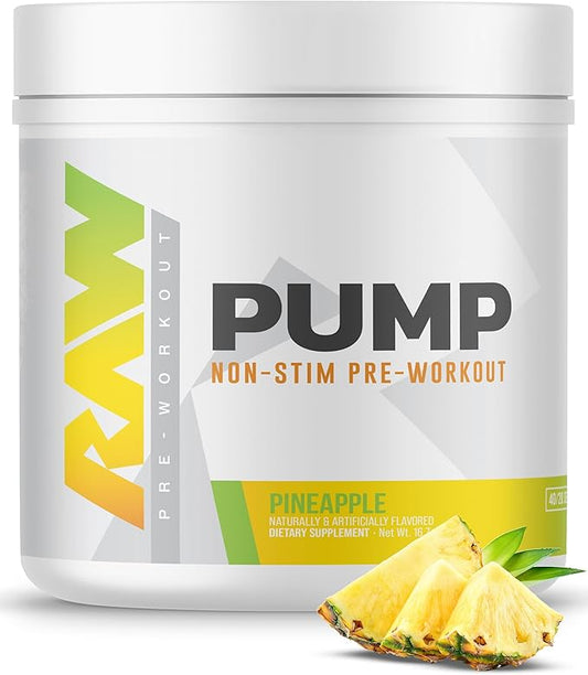 RAW Pump Stim Free Pre Workout | Non-Stimulant Pre Workout Supplement Powder Nitric Oxide Booster | Pre Workout Supplements Drink for During Workout | (40 Servings) (Pineapple)