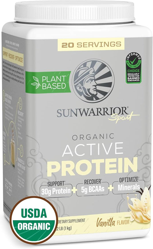 Sunwarrior Vegan Protein Powder Plant-Based USDA Organic Protein BCAAs Sugar, Gluten, Dairy Free Non-GMO Vanilla Flavored 20 Servings Sport Active