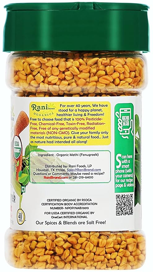 Rani Organic Fenugreek (Methi) Seeds Whole 5.29oz (150g) PET Jar, Trigonella Foenum Graecum ~ All Natural | Vegan | Gluten Friendly | NON-GMO | Indian Origin | USDA Certified Organic