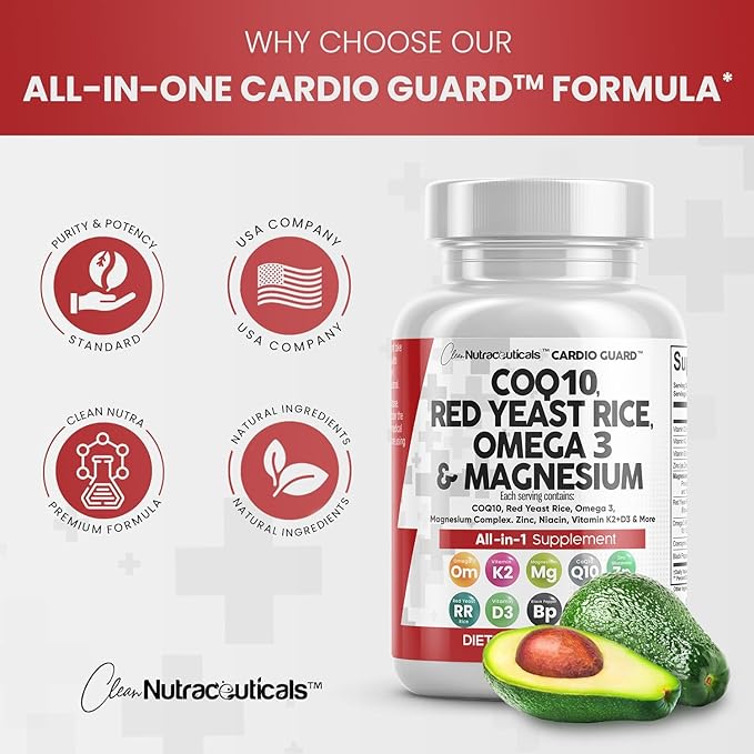Clean Nutraceuticals COQ10 200mg Red Yeast Rice Omega 3 Magnesium Complex 500mg Niacin Zinc Vitamin K2 D3 - Heart Support Vitamins for Women & Men w/Vitamin B3, Coenzyme Q10-60 Ct