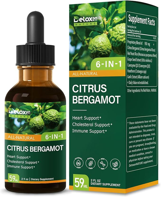 Citrus Bergamot Exrtact Supplement for High Cholesterol, High and Fast Absorption, 6-in-1 Blend Herbal Drops for Heart & Immune Support w/Grape Seed, Garlic Extract. 2oz