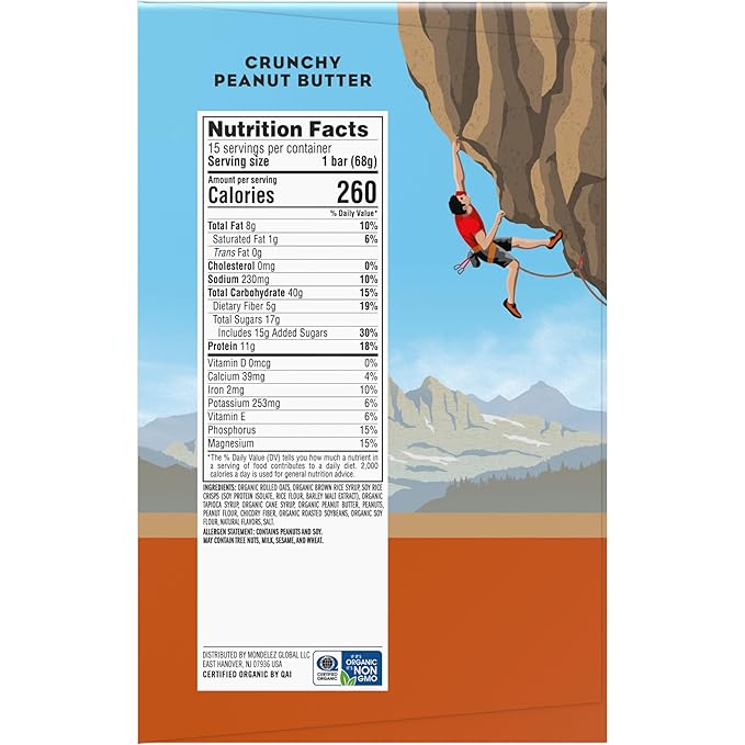 CLIF BAR - Crunchy Peanut Butter - Made with Organic Oats - Energy Bars - Non-GMO - Plant Based Protein Bars (15 Pack)