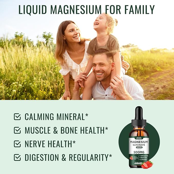 Magnesium Glycinate Supplement, Magnesium Liquid Drops with Magnesium Glycinate 500mg Ashwagandha, L - Theanine, Chamomile -Support Stress Relief, Bone, Muscle, Mood Strawberry Flavor 2Pack