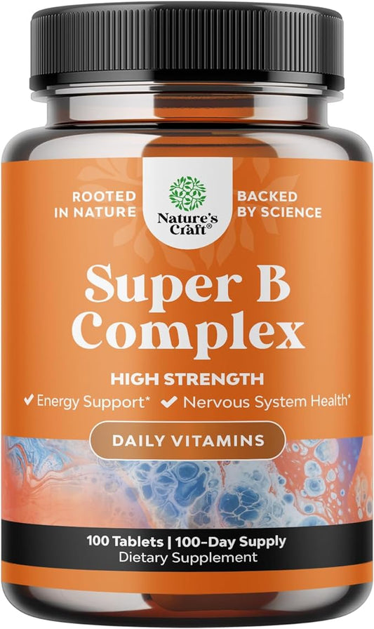 Super Vitamin B Complex for Women & Men - B Vitamins Complex with Thiamin, Riboflavin, Niacin, 6, 12 and Folate - Blend Supplement for Nervous System Support, Energy & High Strength - 100 Tablets