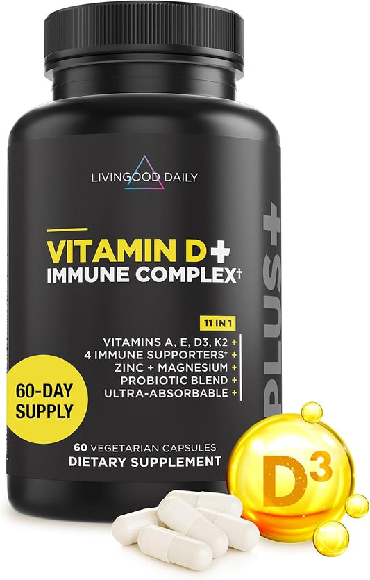 Livingood Daily Vitamin D + Immune Complex, Made with Vitamin D3 K2, Zinc, Magnesium, Vitamins E & A and Probiotics, Immune Support Supplement, Advanced Absorption, Gluten Free, Non GMO, 60 Capsules