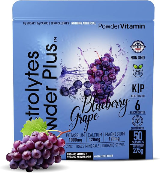 Electrolytes Powder Plus (50 Servings), 0 Calorie Keto, 0 Sugar, No Maltodextrin,1000mg Potassium,120mg Calcium,120mg Magnesium, Hydration Powder (50 Servings, Blueberry Grape)