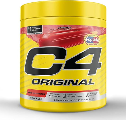 C4 Original Pre Workout – POPSICLE Cherry - Pre-Workout for Endurance, Focus & Performance with 200mg Caffeine, Beta-Alanine, Creatine Nitrate, L-Arginine & PeptiPump – Sugar Free, 25 Servings