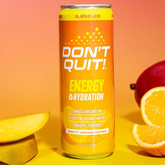 DON’T QUIT Clean Sports Energy Drink - 150 Milligrams of Natural Caffeine with Coconut Water and Electrolytes for Hydration and Cognizin® for Attention and Focus - (Mighty Orange Mango, 12 Pack)