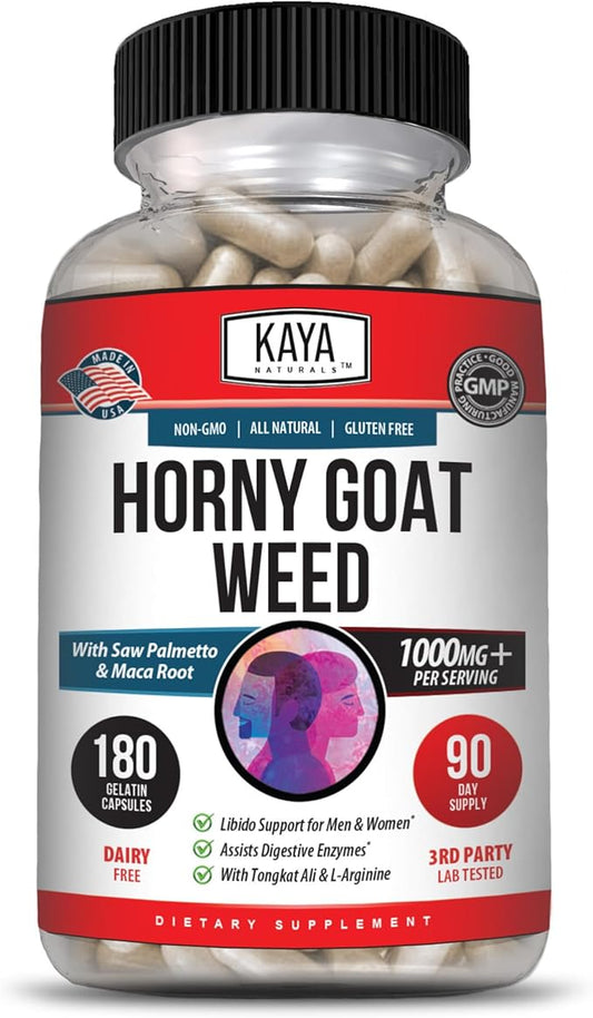 Kaya Naturals Horny Goat Weed Extract - Maca - Extra Strength Complex with Saw Palmetto Ginseng, Arginine Vitamin Supplement - Horny Goat Weed - 180 Count