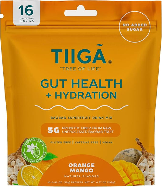 Tiiga 2-in-1 Gut Health + Hydration Drink Mix – Natural Debloat Formula with 75%+ Baobab & Coconut Water. High in Antioxidants, Prebiotics, Zero Added Sugar, Supports Digestion, Energy & Helps Debloat