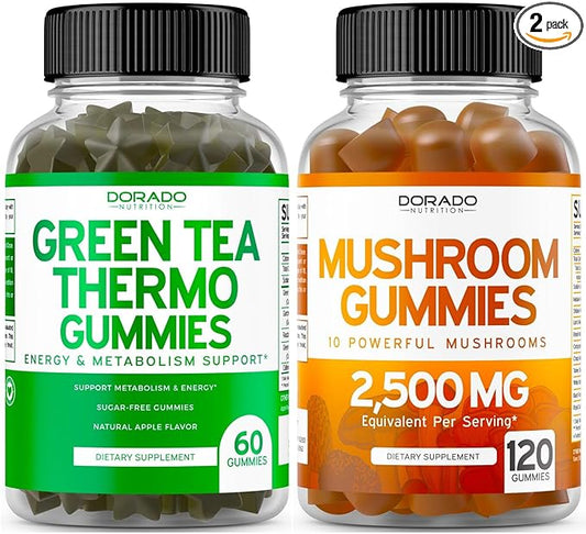 Mushroom 10 in 1 Blend (120 Gummies) Focus & Brain Mushroom Supplement and Green Tea Fat Burner Weight Loss (60 Count) Appetite Suppressant Weight Loss Supplement for Men & Women - Vegan & Made in USA