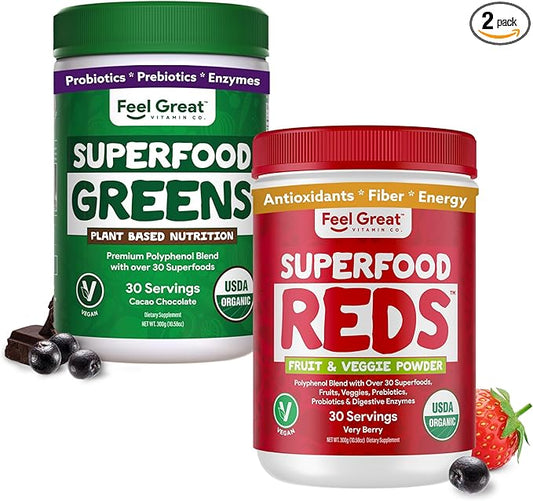 Feel Great USDA Organic Reds & Super Greens Powder Combo (2-Pack) | Over 35+ Greens, Fruits & Veggies, Fiber, Probiotics & Digestive Enzymes | 30 Servings
