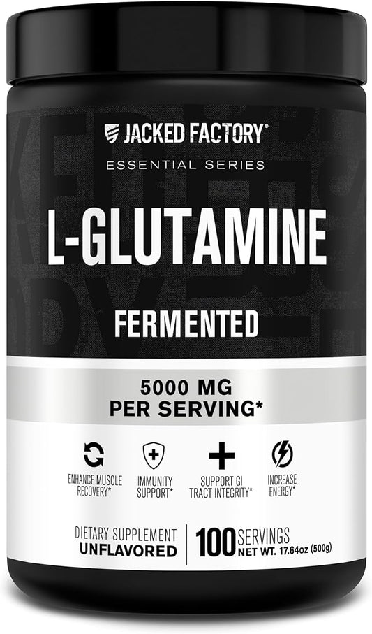 Jacked Factory L-Glutamine Powder 100 Servings - Vegan Fermented L Glutamine Supplement for Post Workout Muscle Recovery, Immunity, Digestive Health | No Artificial Filler - Unflavored