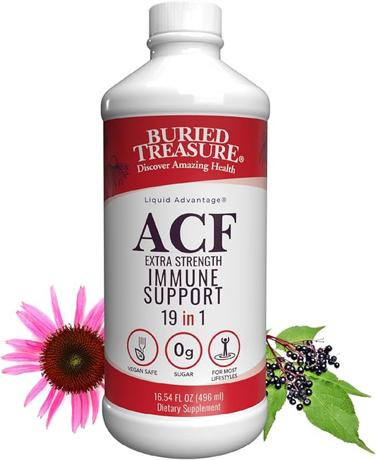 Buried Treasure ACF Extra Strength Immune Support - 16 oz, 16 Servings, Liquid Dietary Immunity Boost w/ Elderberry, Vitamin C & Zinc, Herbal Formula