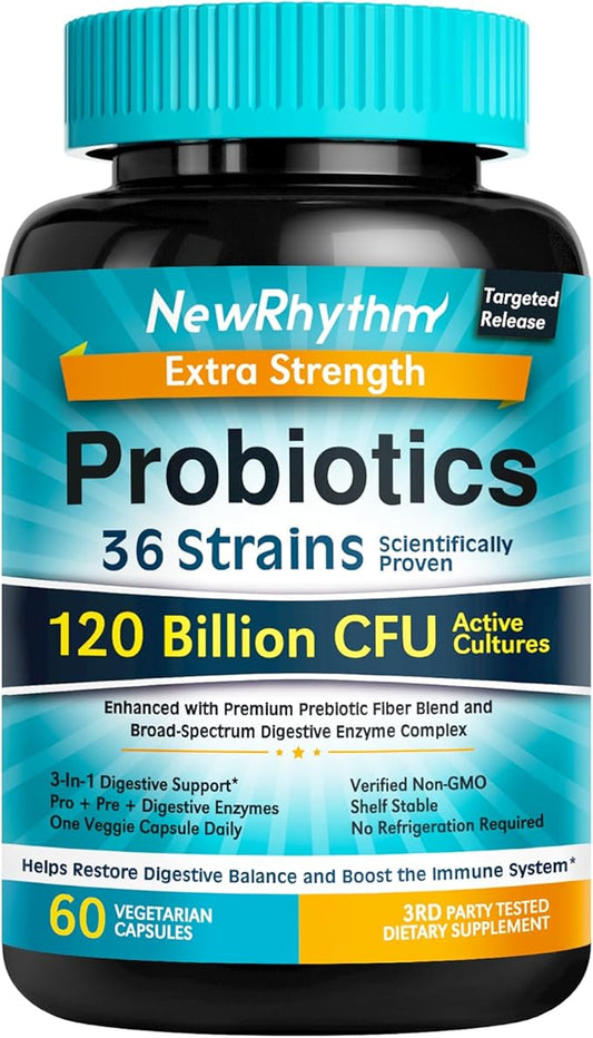 NewRhythm Probiotics 120 Billion CFU 36 Strains, 3-in-1 Probiotics for Digestive Health & Immune Support with Prebiotics & Enzymes, Probioticos for Women & Men, Targeted Release, 60 Veggie Caps