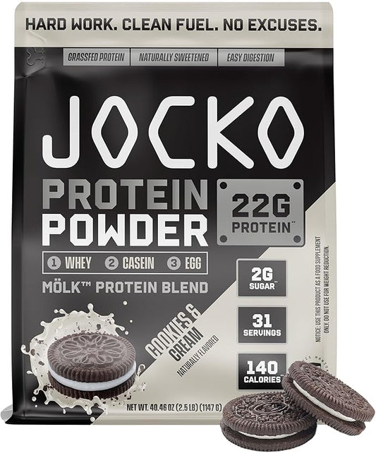 Jocko Fuel Mölk Whey Protein Powder - Keto, Probiotics, Grass Fed, Digestive Enzymes, Amino Acids, Low Sugar Monk Fruit Blend - Supports Muscle Recovery & Growth (2.5 LB, Cookies & Cream)