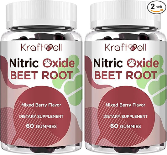 Nitric Oxide Beet Root Gummies 6000MG - Sugar-Free, Mixed Berry Flavor with Grapeseed Powder, Pomegranate, Vitamin C & B12 - Pre-Workout Energy - 60 Gummies (2 Bottles)