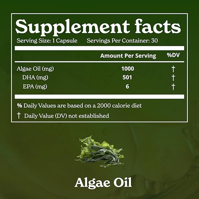 Vegan Omega-3 Softgel Capsules | Algae Oil (1000 mg) | 501 mg DHA | 6 mg EPA | Helps Promote Brain Health | 1-Month Dietary Supplement