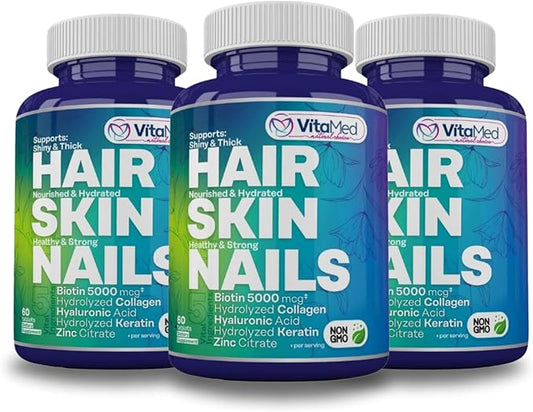 Hair, Skin, and Nails Vitamins – Complete Formula with Biotin 5000mcg, Collagen, Zinc, Keratin, and Hyaluronic Acid for Hair Growth, Strong Nails, and Glowing Skin – 180 Tablets