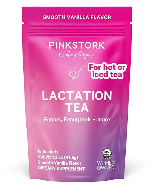 Pink Stork Organic Lactation Support Tea for Breast Milk Supply - Fenugreek, Milk Thistle, + Fennel - Breastfeeding Essentials, Caffeine-Free - Hot or Iced - 15 Sachets, Smooth Vanilla