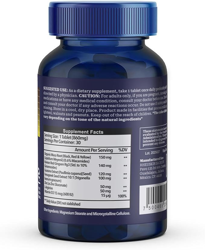 Vitality Supplement for Men – Maca Root, Korean Red Ginseng Rg3, Guarana, L-Arginine, Fenugreek – Energy, Stamina & Performance Booster – 30 Caplets, 860mg