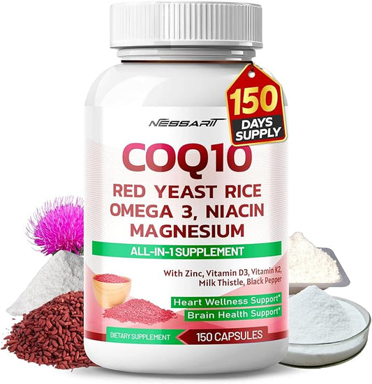 COQ10 + Red Yeast Rice Supplement - 10-in-1 Natural Blend with Omega 3 Vitamin B3, K2, D3, Zinc Milk Thistle Black Pepper - 150 Count - Made & Tested in The USA