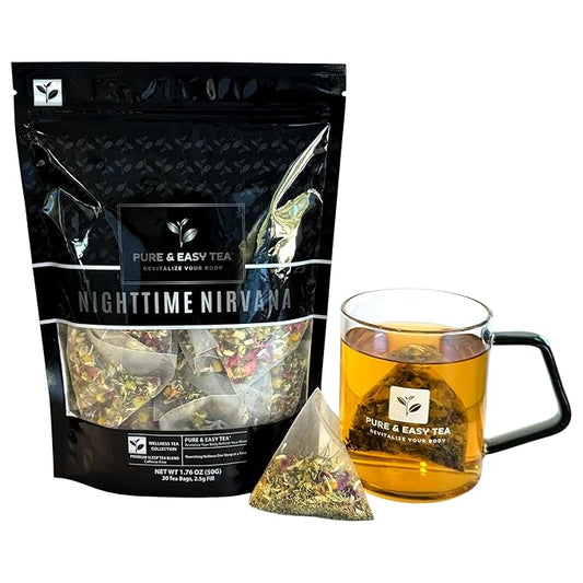 Pure And Easy Tea, Nighttime Nirvana, Natural Sleep & Relaxation Tea, Caffeine-Free Loose Leaf Blend with Chamomile, Lavender & Lemon Balm, Premium Wellness Tea, 20 BPA-Free Sachets