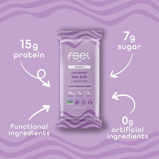 Feel Vegan Protein Bars | Caramel Sea Salt | Keto | Gluten Free | Organic | Maca | 15g Plant Protein | Low Carb | High Protein | Dairy Free | Low Sugar | Grain Free | Nut Free | Soy Free | Non GMO - (Caramel Sea Salt, 10 Pack)