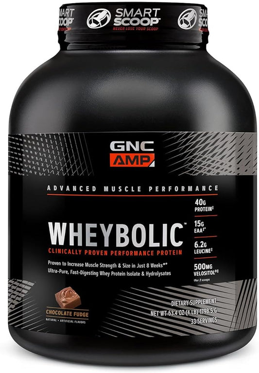 GNC AMP Wheybolic Clinically Proven Protein Powder, 40g Whey Protein, BCAA, Leucine, Increases Muscle Strength, Muscle Building, 3rd Party Tested, Gluten Free, Chocolate Fudge, 33 Servings