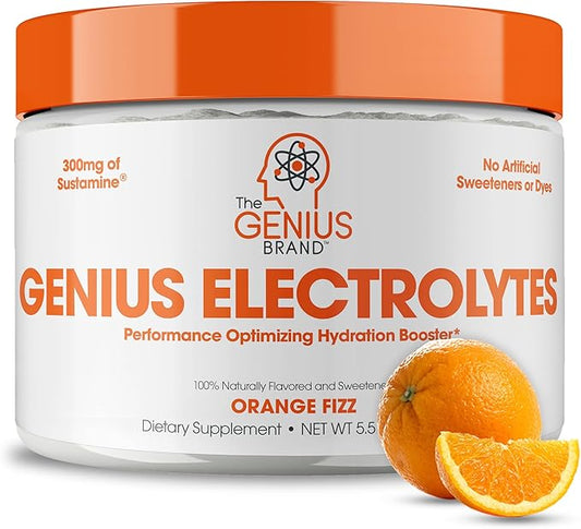 Genius Electrolytes Powder Drink Mix, Orange Fizz, 30 Servings - Natural Hydration Booster & Endurance Supplement with Potassium, Magnesium & Zinc - Sugar Free & No Artificial Sweeteners or Dyes