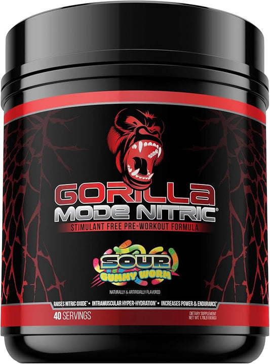 Gorilla Mode Nitric Upgraded Stimulant Free Pre-Workout – Best Tasting and Most Effective Stimulant Free Pre-Workout/Massive Pumps · Vasodilation · Power / 808 Grams (Sour Gummy Worms)