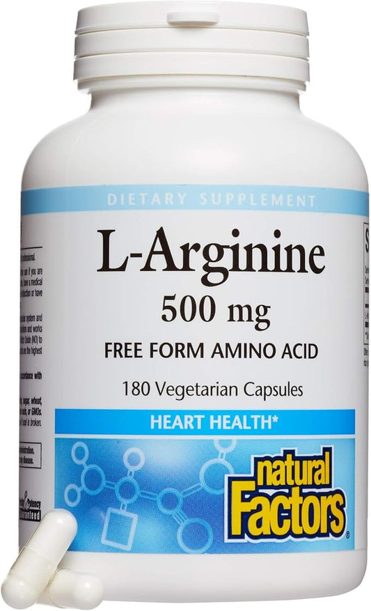 Natural Factors, L-Arginine 500 mg, Supports a Healthy Cardiovascular System, Heart and Muscle Metabolism, 180 capsules (180 servings)