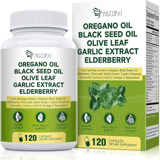 Oil of Oregano with Black Seed Oil Capsules 16 in 1 - Oregano Oil Enhanced with Elderberry, Olive Leaf, Zinc, Vitamin C & D3, Quercetin, Garlic – Immune, Respiratory & Gut Support - 120 Capsules
