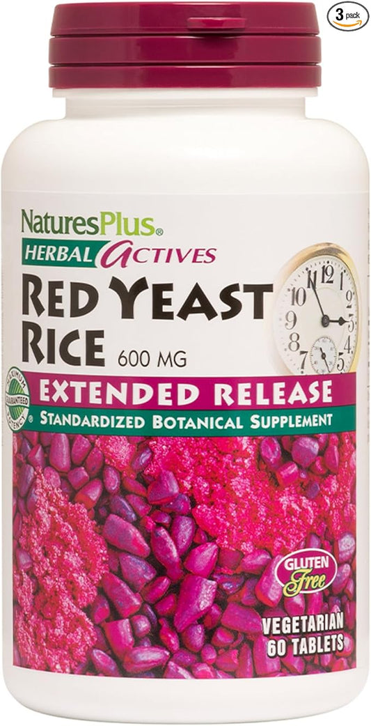 Natures Plus Herbal Actives Red Yeast Rice Extended Release 600 mg - 60 Tablets, Pack of 3 - Supports General Well-Being - Vegetarian, Gluten Free - 180 Total Servings