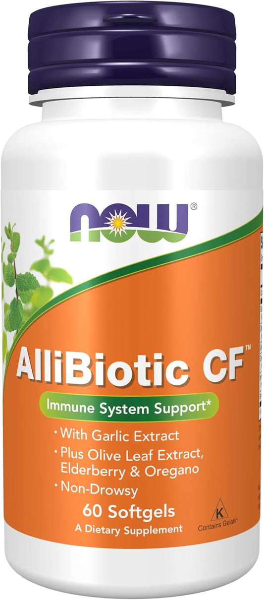 NOW Supplements, AlliBiotic CF™, with Garlic Extract, Olive Leaf Extract, Elderberry & Oregano, Non-Drowsy Formula, 60 Softgels