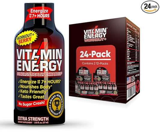 Vitamin Energy Workout+ Extra Strength Daily Energy Shot – Berry – 260mg Natural Caffeine, B-Vitamins – Pre-Workout & Endurance Support – Zero Sugar, Vegan, Kosher – 1.93 fl oz, 24-Pack