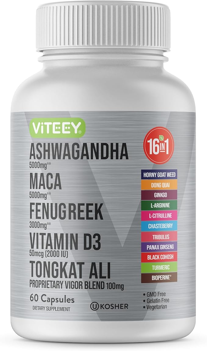 Viteey Ashwagandha 5000mg, Black Maca Root 5000mg, Fenugreek 3000mg, Vitamin D3 2,000 IU with Tongkat Ali & Proprietary Vigor Blend 100mg - Calm, Relax, Mood Support for Women & Men - 60 Capsules