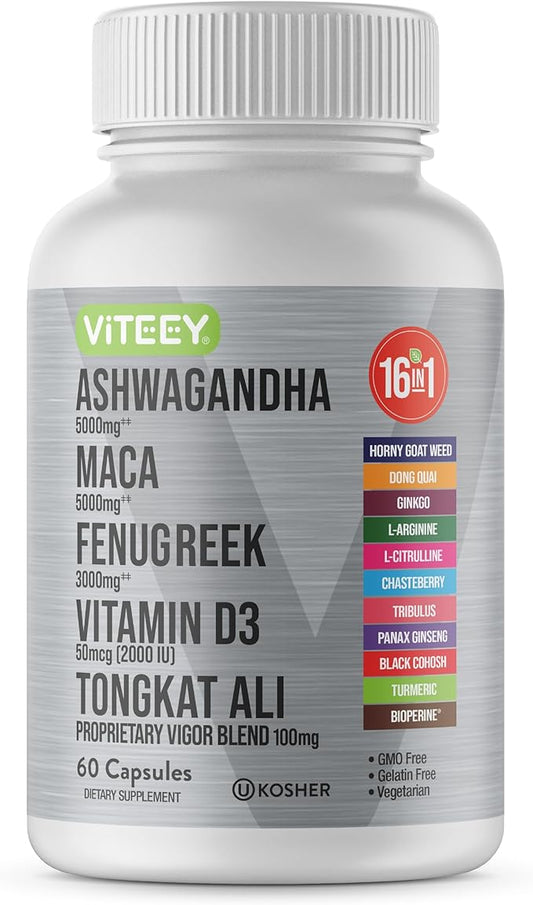 Viteey Ashwagandha 5000mg, Black Maca Root 5000mg, Fenugreek 3000mg, Vitamin D3 2,000 IU with Tongkat Ali & Proprietary Vigor Blend 100mg - Calm, Relax, Mood Support for Women & Men - 60 Capsules