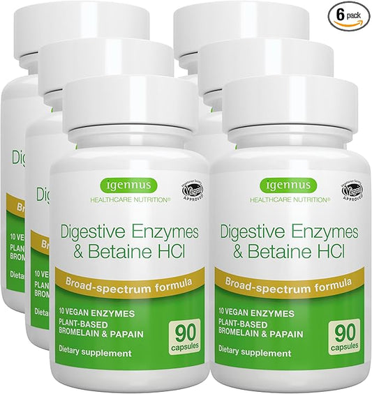 Igennus Fast Action Digestive Enzymes & Betaine HCl, 10 Broad Spectrum Enzymes with Protease, Lipase & Lactase, Papain & Bromelain, Plant-Based Vegan, Clean Label, for Women and Men, 6 Pack